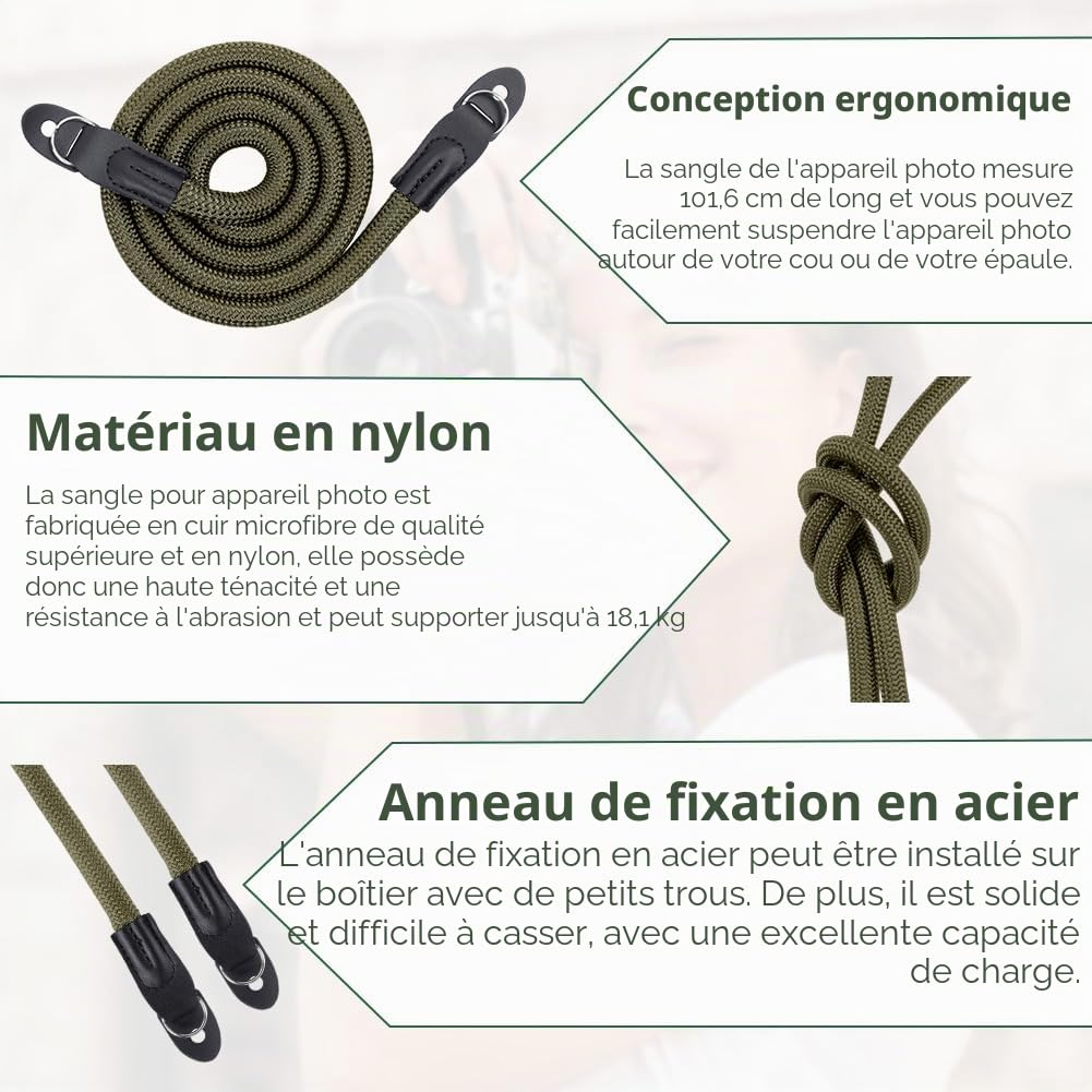 flintronic Sangle Appareil Photo, Bandoulière en Corde en Nylon, Courroie de Cou pour Appareil Photo, pour Canon, Appareils Photo pour Les Caméras Nikon, Sony, Fujifilm, Olympus, Leica - 102 cm