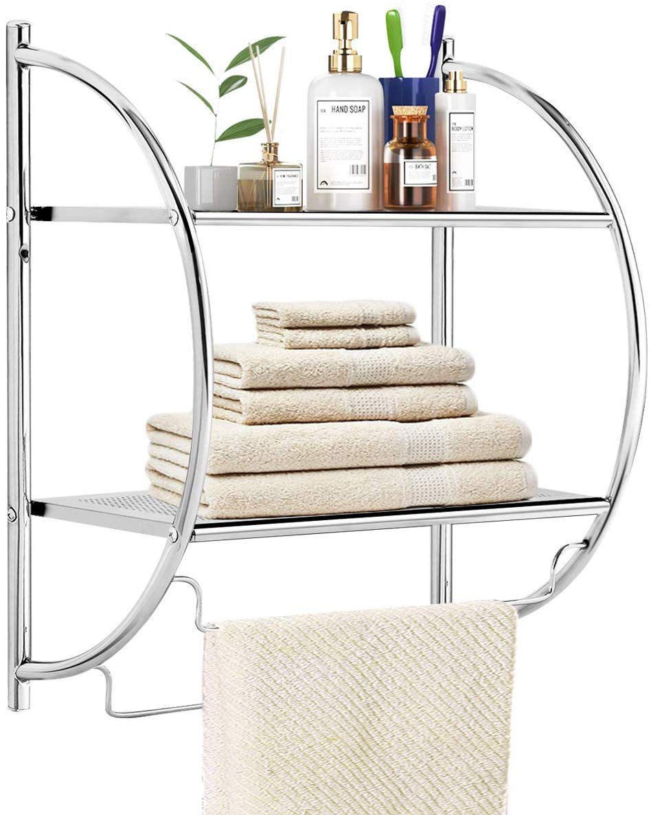 Estante de baño de 2 niveles con toalleros, estante de toalla montado en la pared con diseño de ahorro de espacio, estante de almacenamiento de baño cromado multifuncional para baño, 2