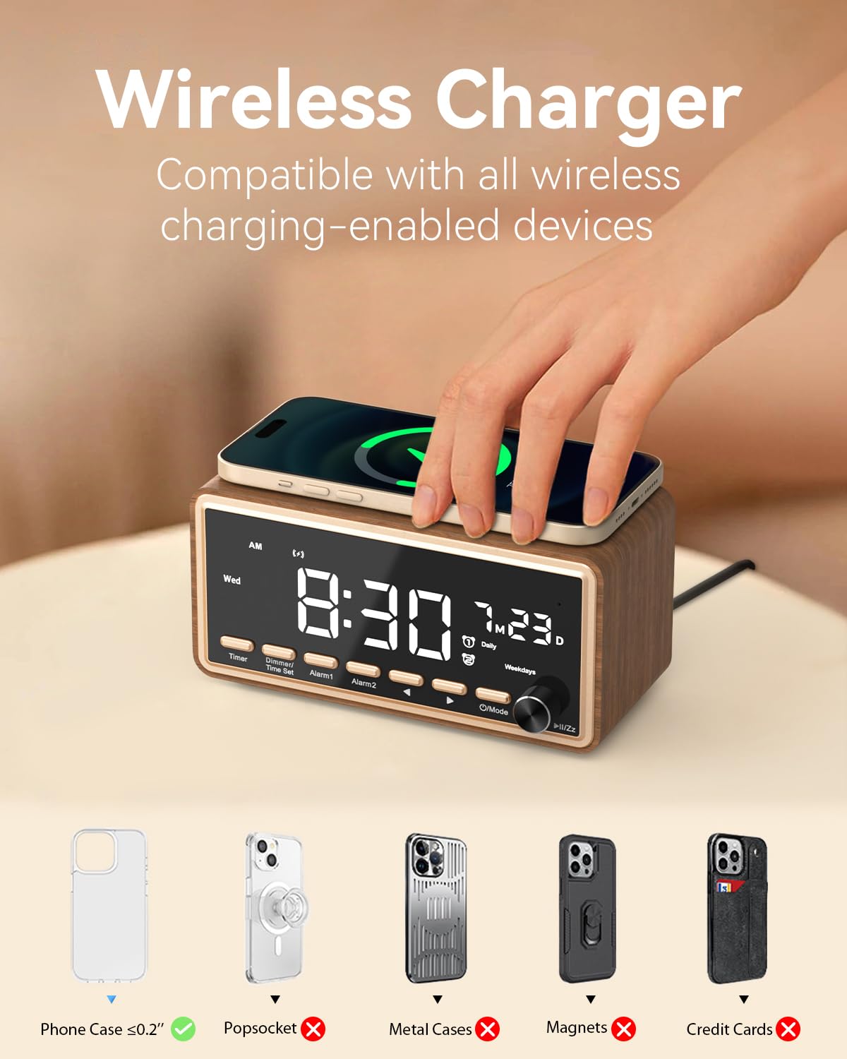 Sveglia digitale con radio FM, doppia allarme, altoparlante Bluetooth, White Noise Machine, Wireless Charger, orologio digitale dimmerabile, regalo di compleanno per donne, mamma e papà