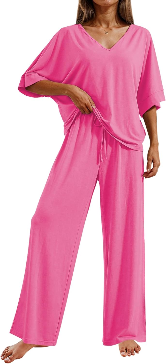 Ekouaer Pajama Sets for Women 2 Piece Lounge Set Short Sleeve Tops and Long Pants Soft Comfy Pjs Sleepwear Outfits S-XXL