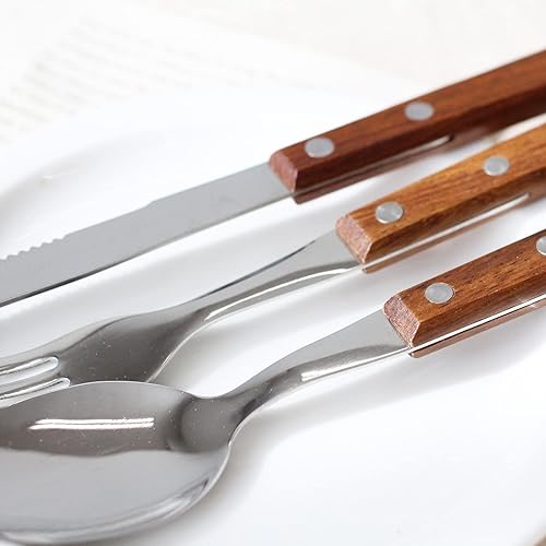 Miniatura 5 de Juego de 6 piezas (2 juegos) de mango de madera de primera calidad, cuchillo de cena, tenedor y cuchara