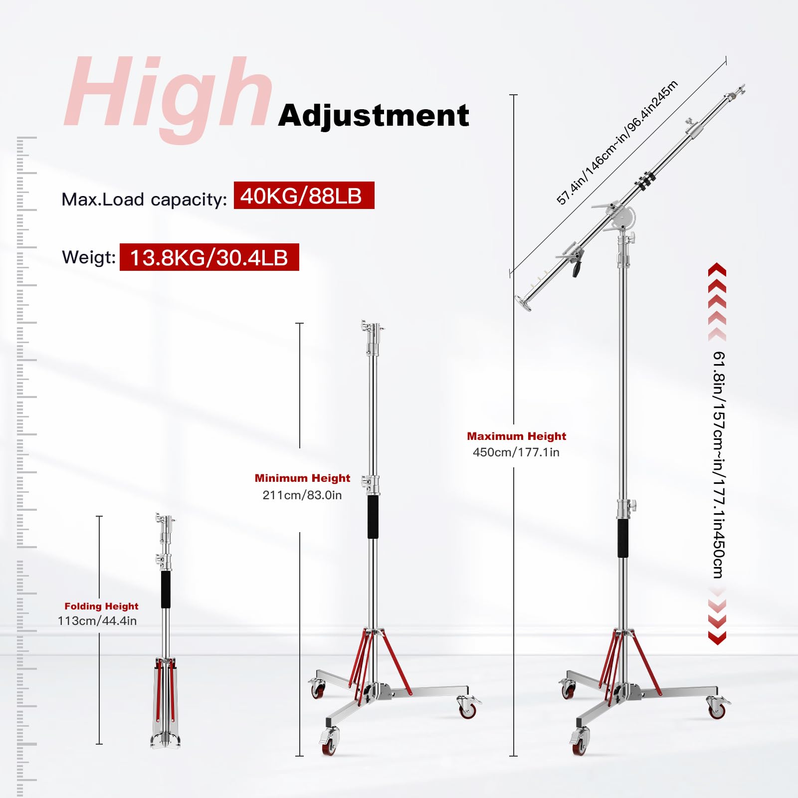 thumbnail: Soonpho L5-120 Plus Pro Lichtstatief - Max. Hoogte 420cm, Zware Belasting Tot 20kg (RVS)