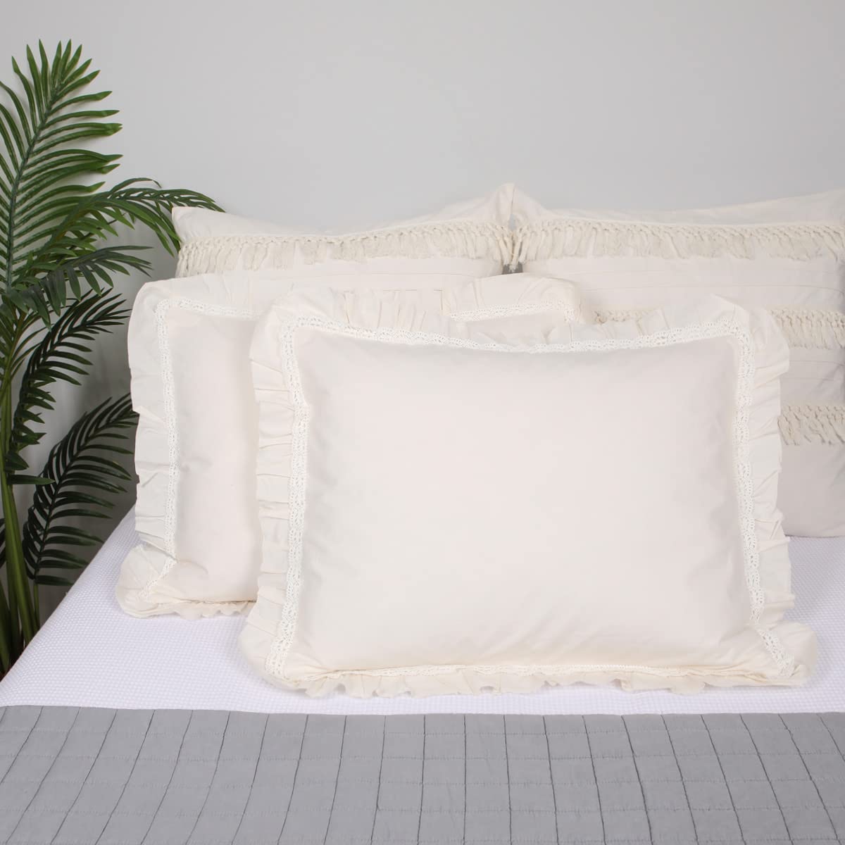 JNG Kraftlab Cream Ruffle Pillow Sham Set Of 2 - King Size 20x36", 100% Cotton, Shabby Chic Farmhouse Style - View #6