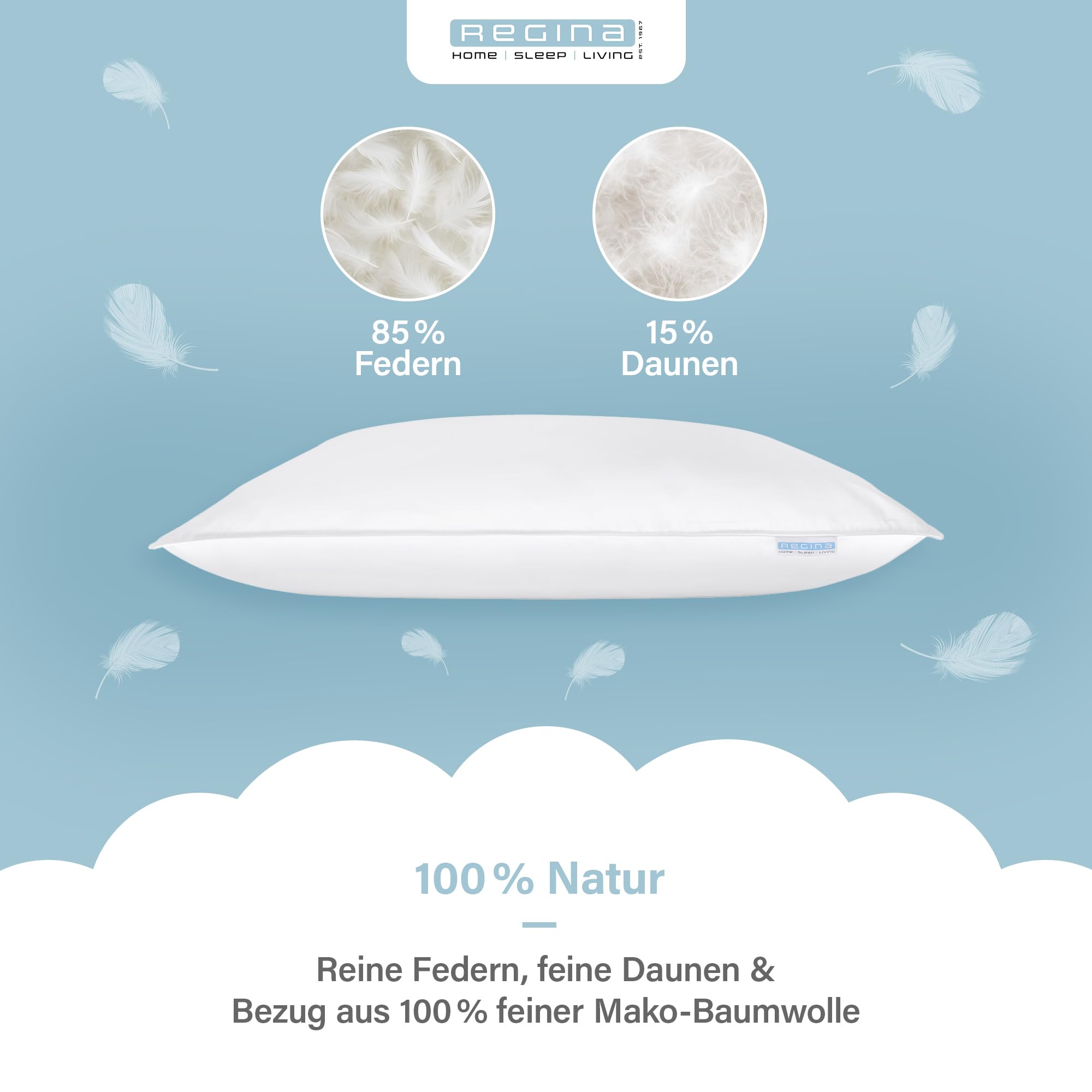 Regina Home Kopfkissen 80x80 cm - Medium | Ergonomisches Nackenkissen mit 70% Federn & 30% Daunen - Waschbar & Allergiker Geeignet - 100% Baumwolle