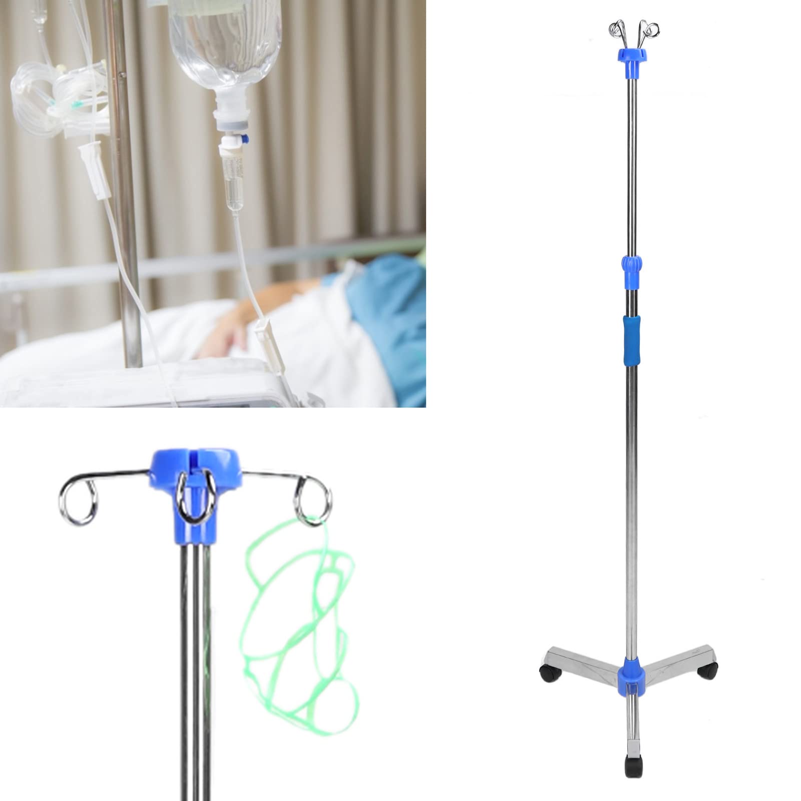 Przenośny Stojak na kroplówkę ze Stali Nierdzewnej z Regulowanym Stojakiem na kroplówkę do Klinik Szpitalnych, Hak w 4 Kierunkach, do Klinik Weterynaryjnych, 1 Klucz 1 Hak w 4 Kierunkach