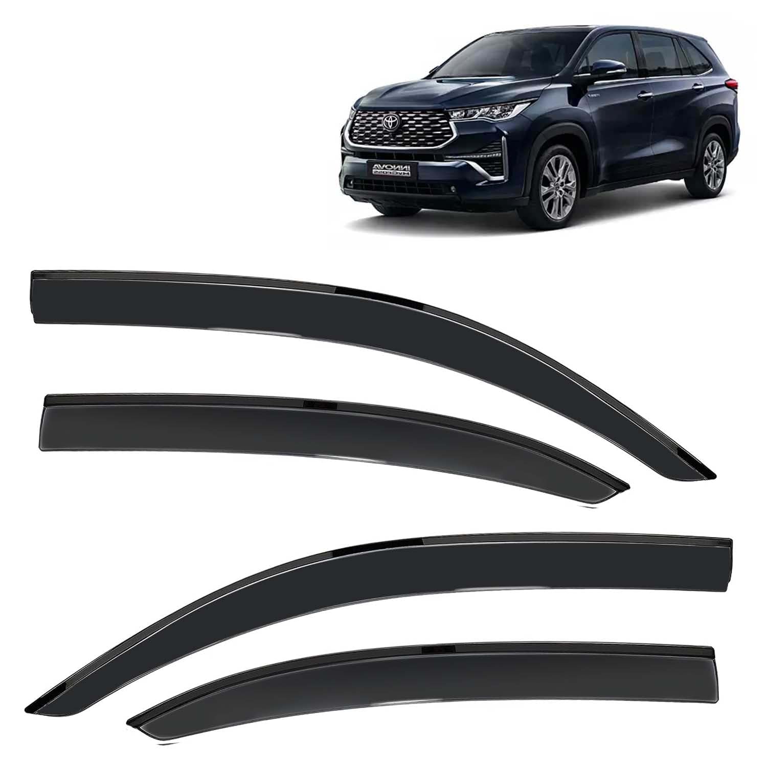 KINGSWAY Accessories Side Window Door Visor Only Compatible with Toyota Innova Hycross Year 2023 Onwards All Model, Premium Range Unbreakable Car Rain Guard Side Rear Wind Deflectors, Set of 4 Pcs