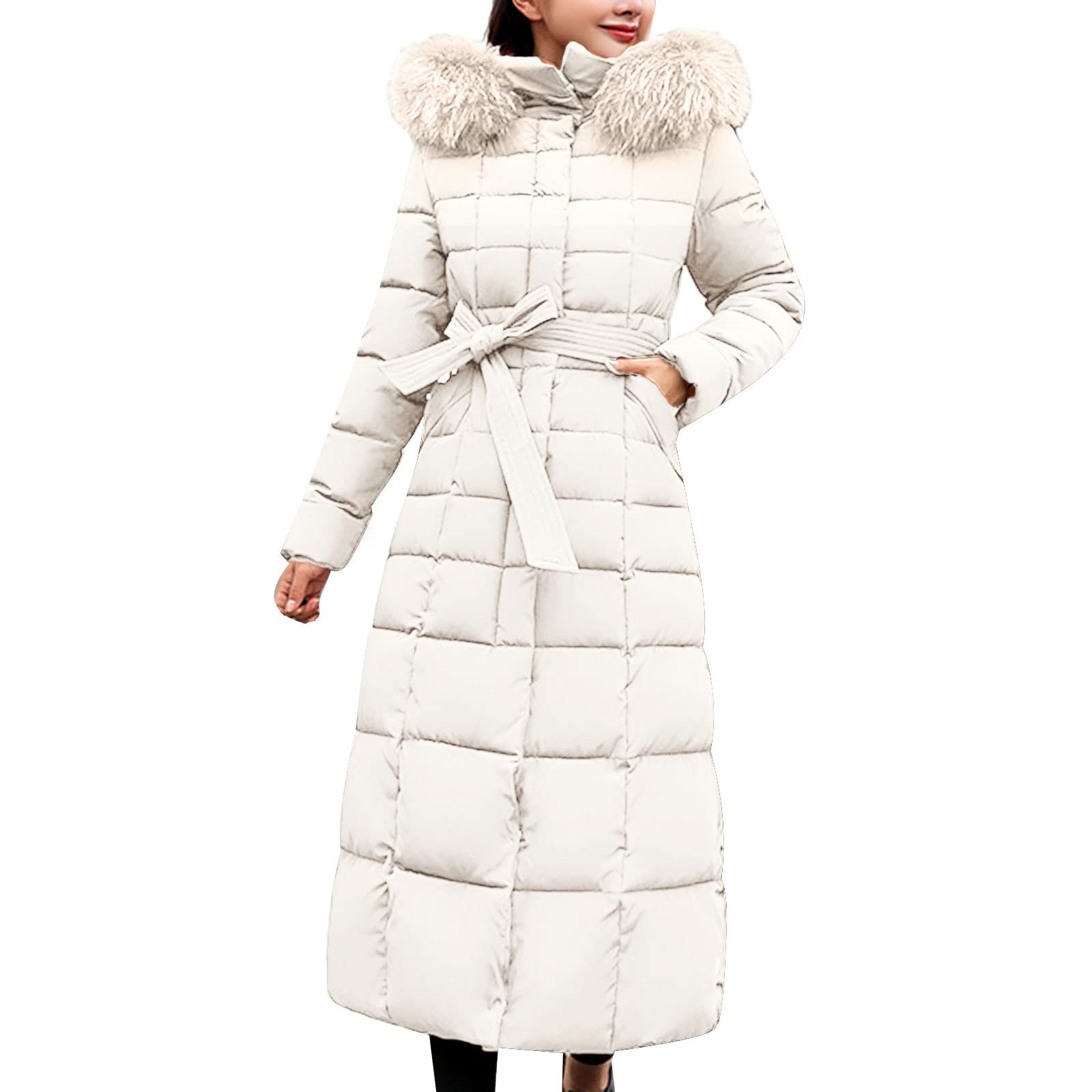 Manteau En Duvet à Capuche Femmes Doudoune Longue Veste D'hiver Longue à Capuche Chaude Et Élégant Zippé épais Parka Blouson Matelassé Casual Veste Rembourrée Avec Col En Fausse Fourrure Style A XS