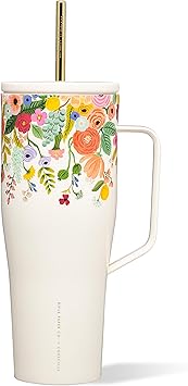 Corkcicle Cold Cup XL - Insulated Tumbler with Handle - Keeps Drinks Cold 12 Hours - Triple-Insulated - Spill-Proof Lid - Summer Drinkware Gift - Keeps Drinks Ice Cold - 30 oz - Garden Cream Floral