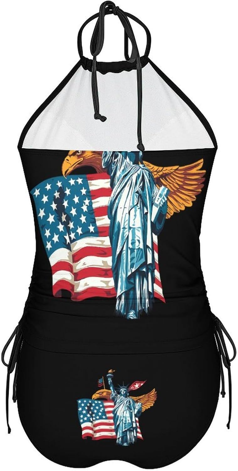 The Statue of U.S. Flag Bald Ea-gle Women's Tankini Swimsuit Two Piece Tummy Control Bathing Suits Tie String Swimwear