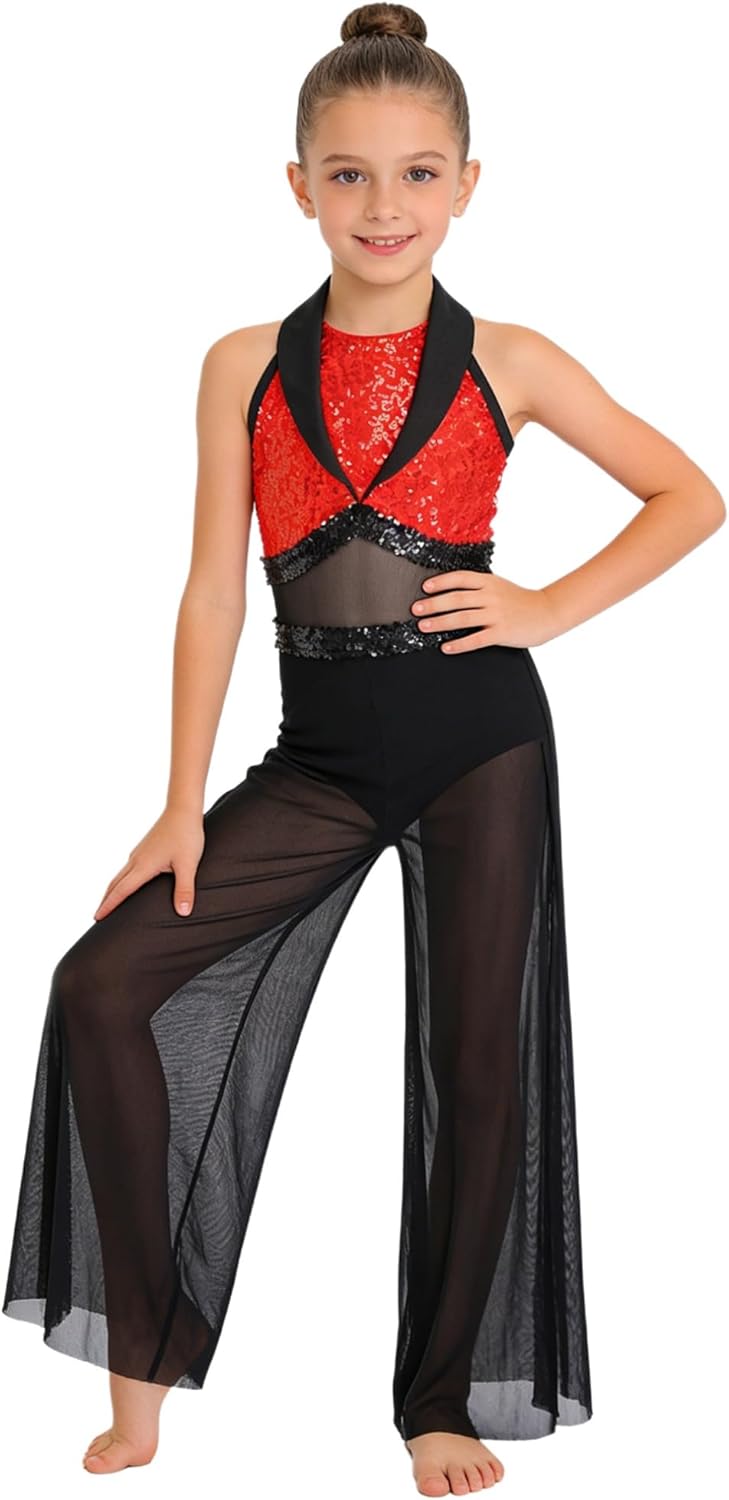 FEESHOW Girls Sequin Lyrical Dance Jumpsuit Sleeveless Color Block Mesh Overlay Jazz Cha Cha Dance Leotard for Performance