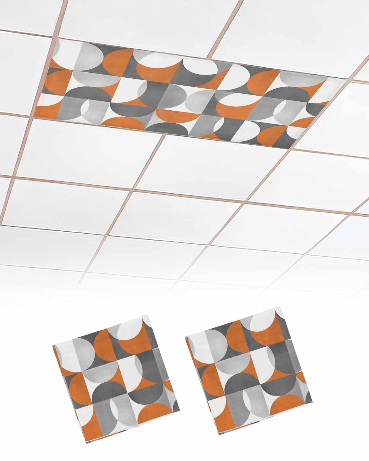 Fluorescent Light Covers for Classroom Ceiling 4 x 2 ft Magnetic Light Cover for Office Drop Ceiling Retro Geometric Art Decor Orange Gray Semicircle Light Filters for Hospital Library 2 Pack
