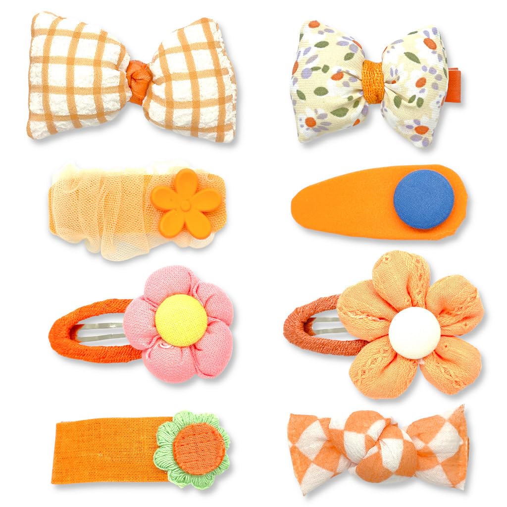 Bow Hair Clips for Girls - 8 Pack Orange Cute Toddler Hair Clips, Barrettes & Bows, Alligator Lined Snap Clips, Baby Girls Hair Accessories for Little