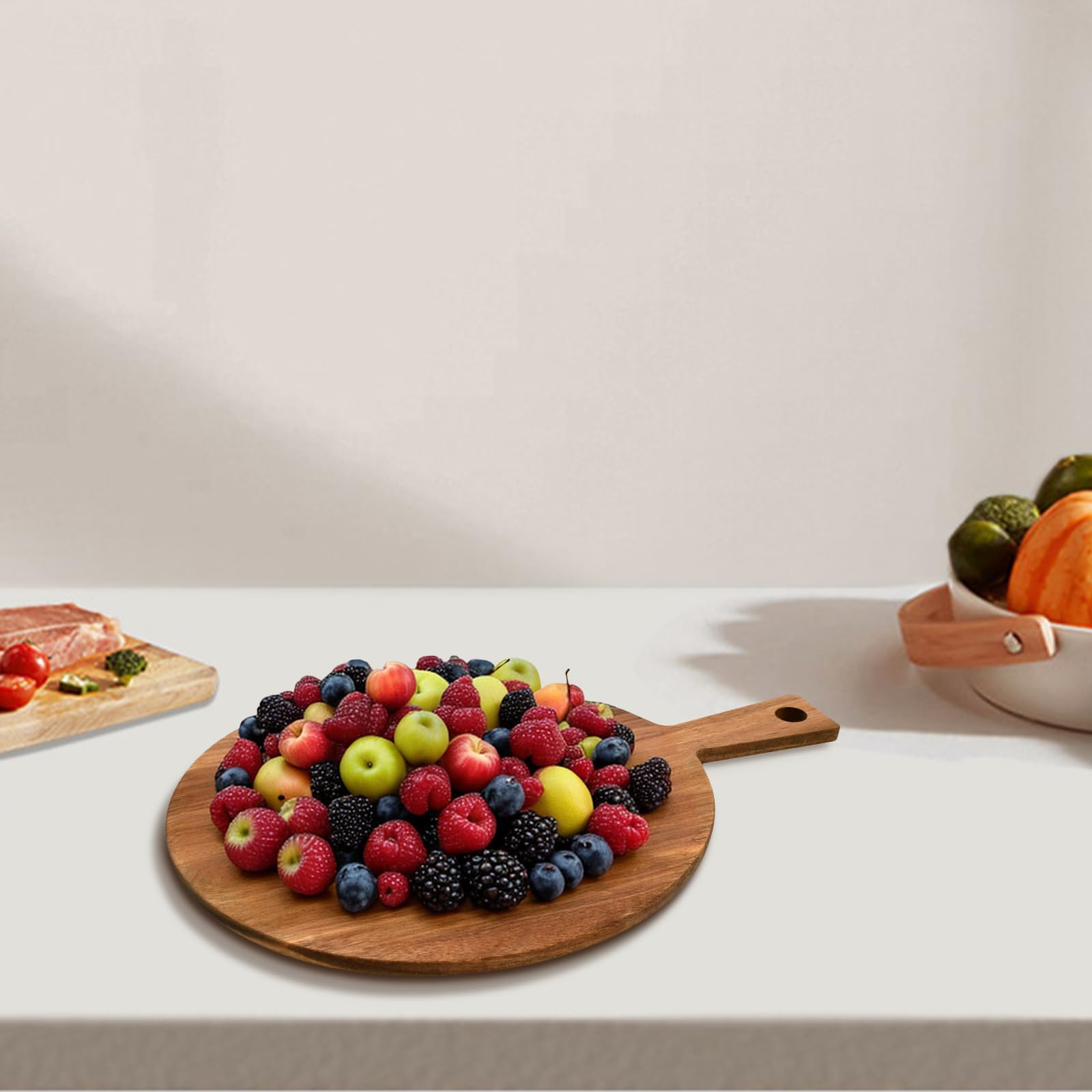 Tabla de pizza de madera de acacia redonda con asa, 30 x 40 x 1,5 cm, para sashimi, bistec y tartas