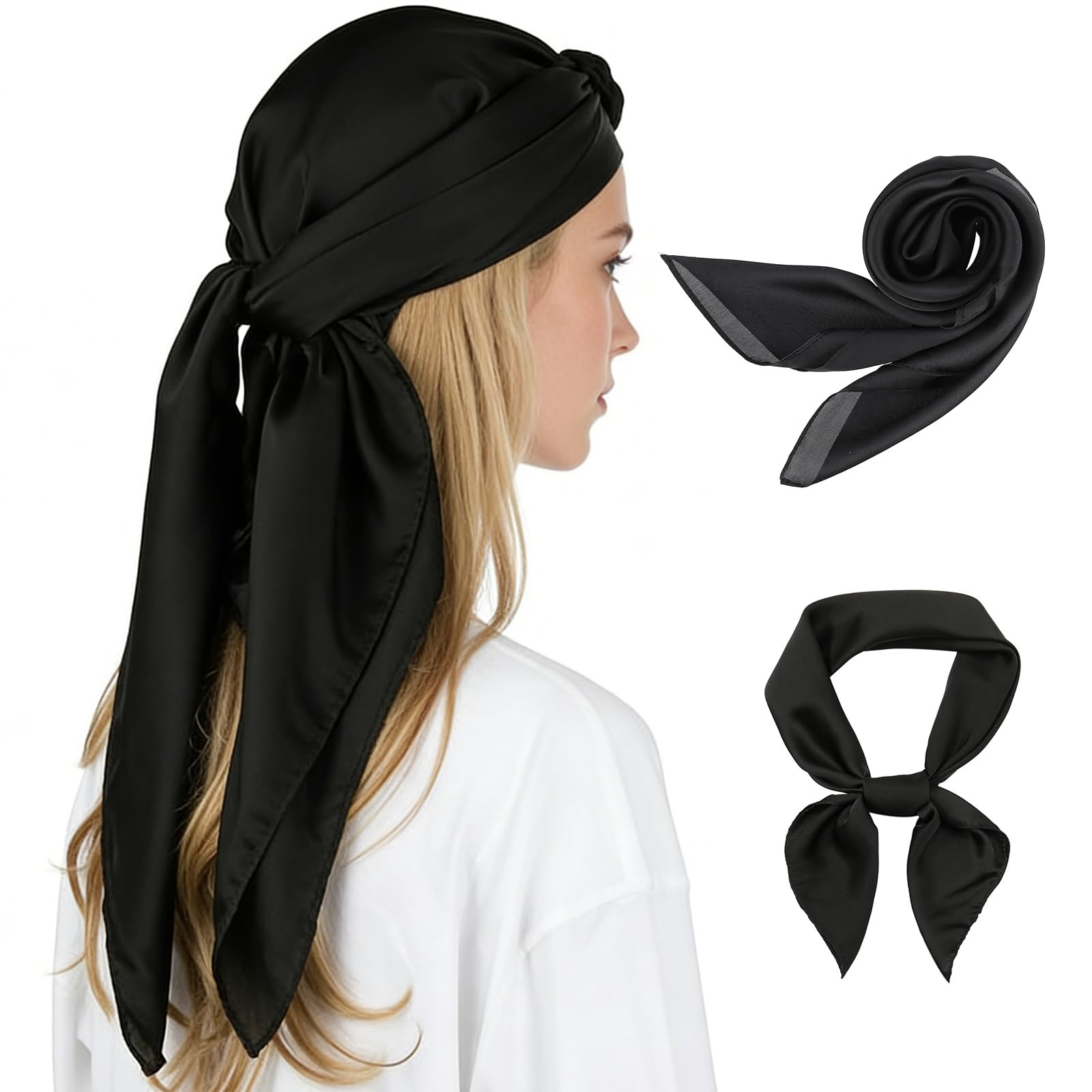 Vnidjgb Unisex Black Head Scarf Like Hair Wraps,Silk Scarf For Women Hair Bandana,Large Square Satin Head Scarfs,Silk Shiny Solid Color Heads Scarfs,Heads Scarves Like Silks Bandana Wraps For Sleeping(27.5 Inch)