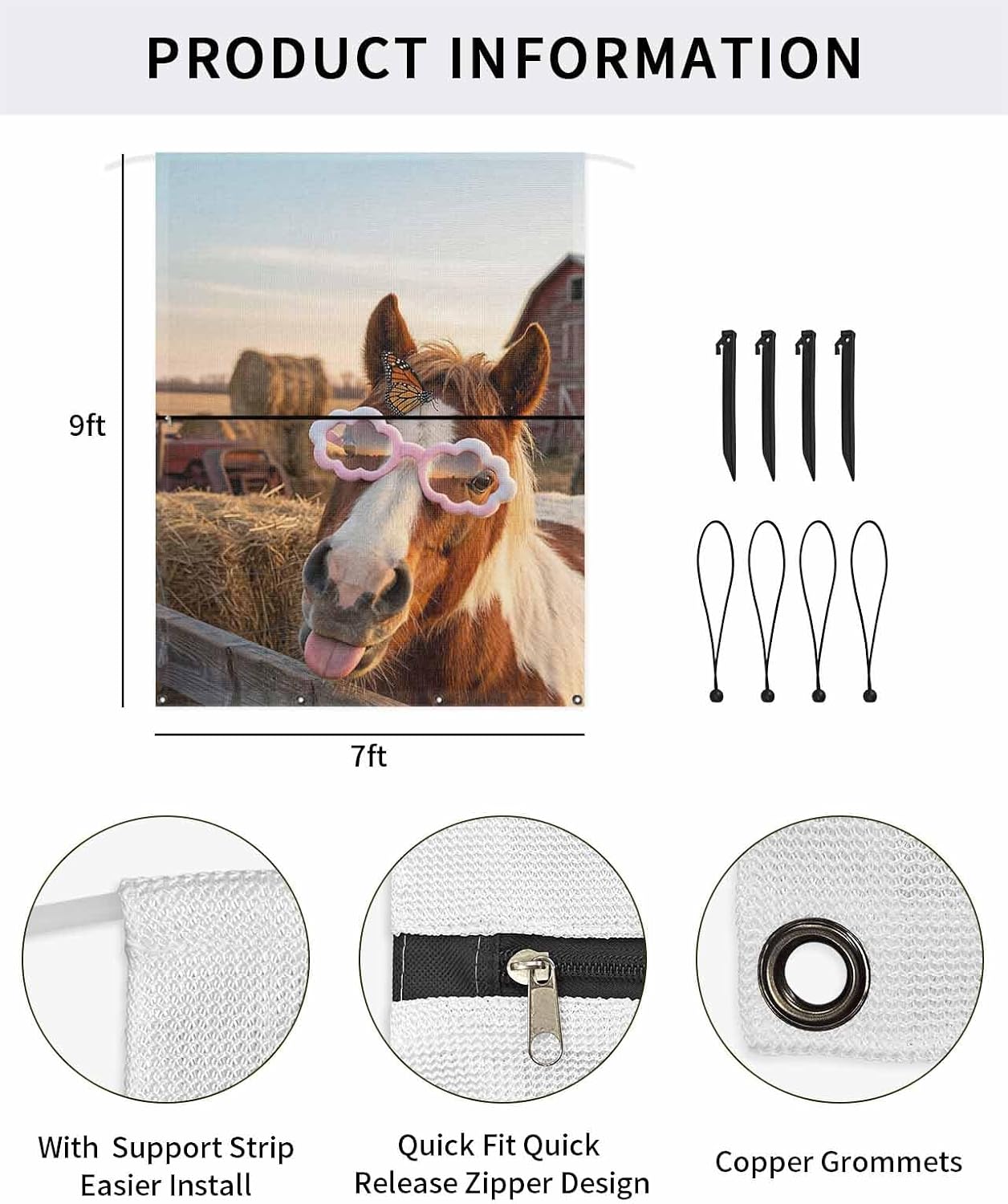Horse Butterfly RV Awning Sun Shade Screen 9' x 7' Vintage Funny Farm Sunglasses Horse Butterfly Mesh Shade Screen with Zipper UV Blocker Awning Shade with Completed Kits for Motorhome Camper Trailer