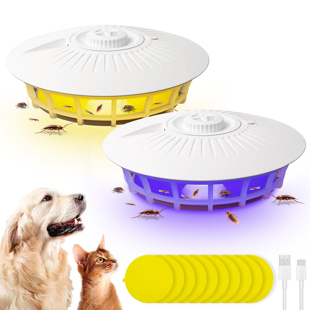 Trappola per Pulci, 2 Pezzi Trappola per Pulci in Casa con 10 Dischi Adesivi e 4 Modalità di Illuminazione, Trappola Elettrica per Pulci per Soggiorno, Cucina, Camera da Letto