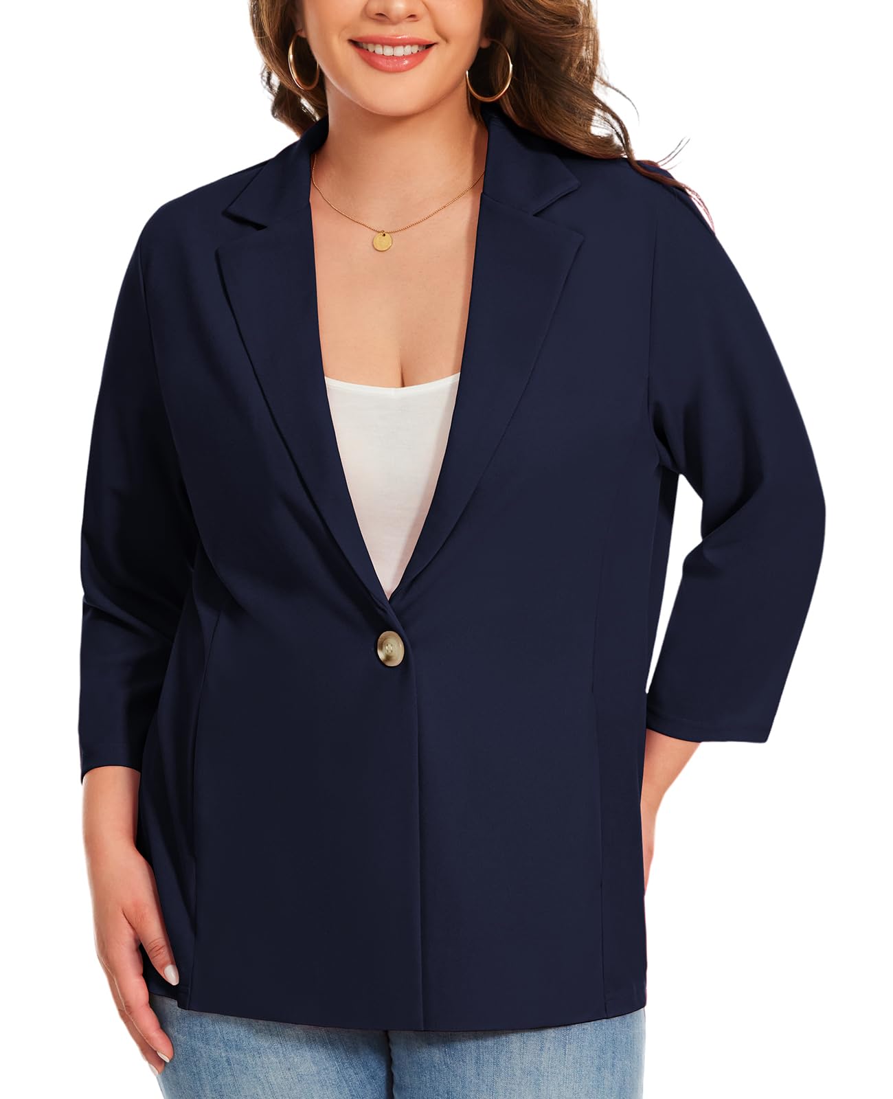 XL-5XL Blazer à manches 3/4 grande taille Blazer à revers cranté Veste semi-doublée pour femme Costumes et blazers à un bouton avec poches intégrées Veste de jour comme de nuit