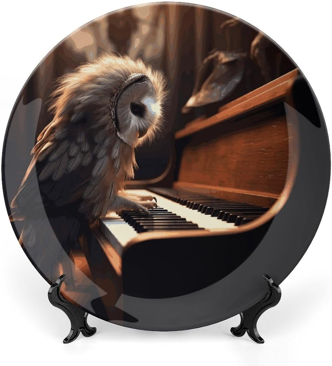 Owl Plays Piano Bone China Decorative Plate with Display Stand, Ceramic Ornaments Plate for Wall Hanging, Personalized Porcelain Plates for Office, Living Room 8inch