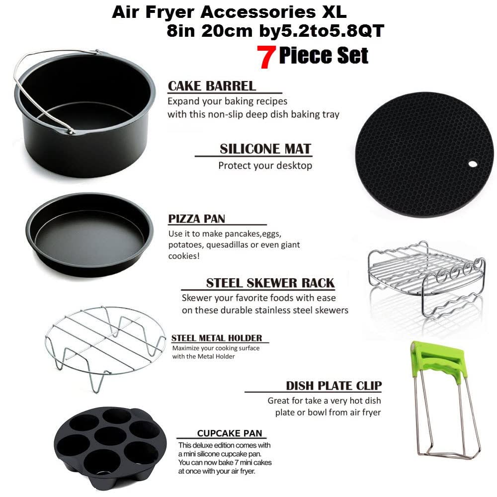 7 Pollici Accessori Per Friggitrice Ad Aria 8 Set Kit Adatto A Tutte Le Friggitrici Ad Aria Da 3,5-5,8 Qt Include Fusto Per Torta, Teglia Per Pizza, Tappetino, Supporto Con Spiedini Strumenti Per BBQ