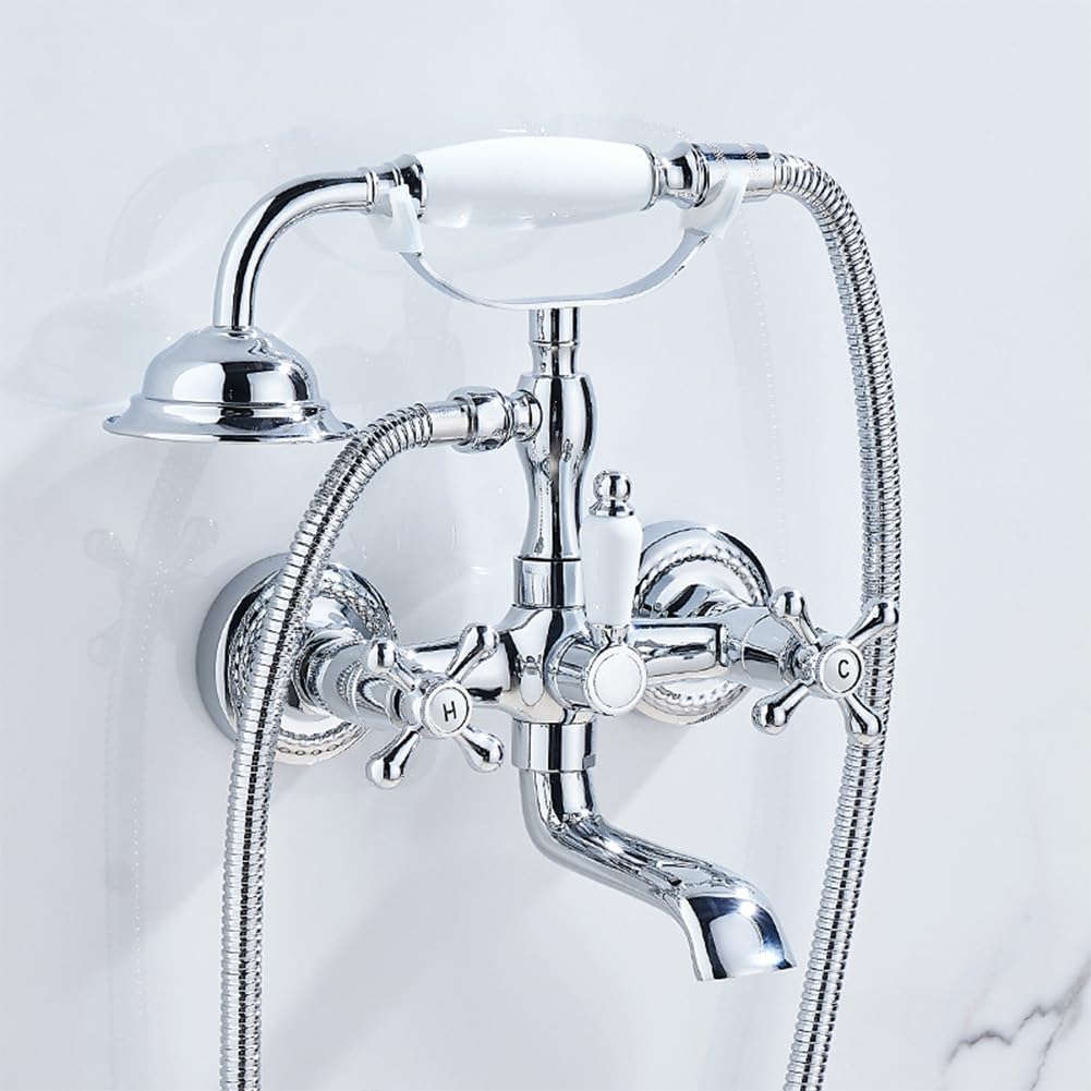 Grifo De Bañera Latón Dos Mandos Grifo De Ducha Con Ducha De Mano Retro Antique Estilo Montaje En Pared Mezclador De Baño Y Ducha, 150 Cm Manguera, Cromado