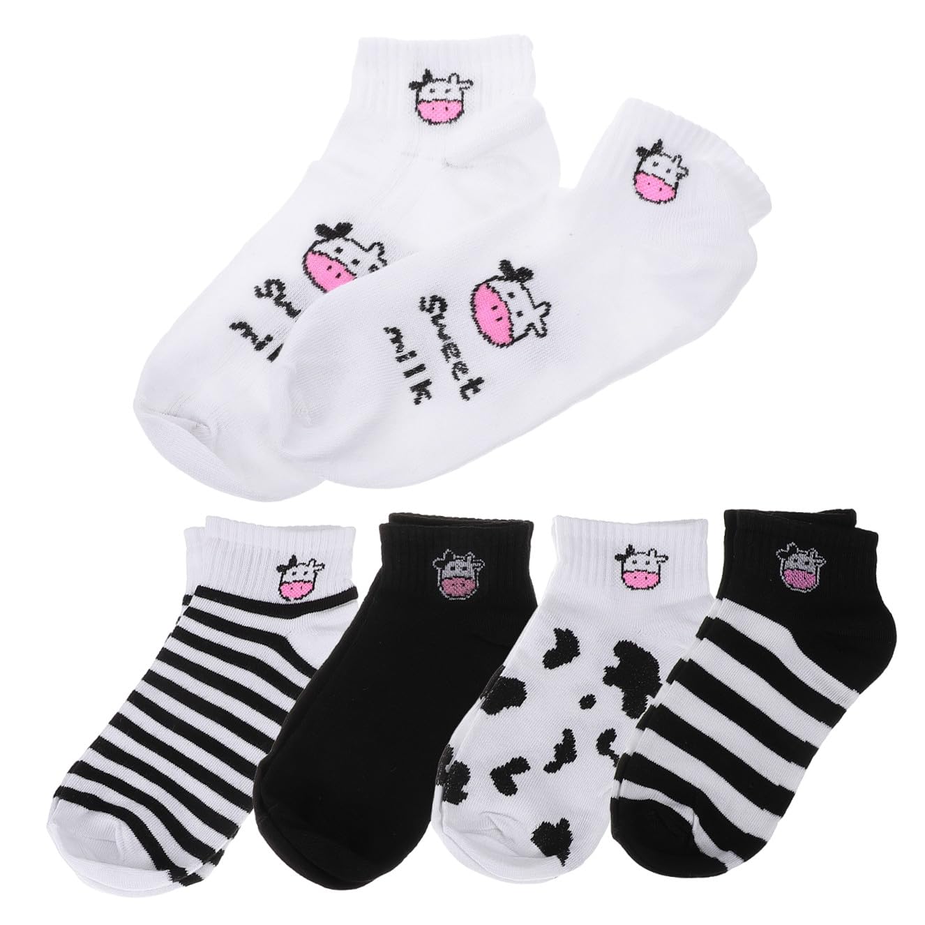 Calcetines de Vaca de Dibujos Animados 5 Pares, Algodón, Tobilleros | Negro y Blanco, para Adolescentes y Niños, Transpirables y Cómodos, Decoracion Verano