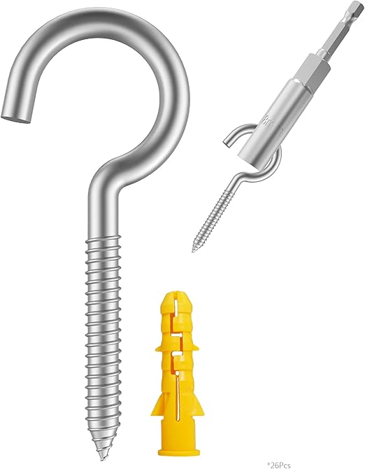 304 Stainless Steel Heavy-Duty Screw Eye Hooks - Wood Terminal Ring, Christmas Lighting. (26 pcs + 1 pcs 1/4" Hex Shank Wing Nut Driver)