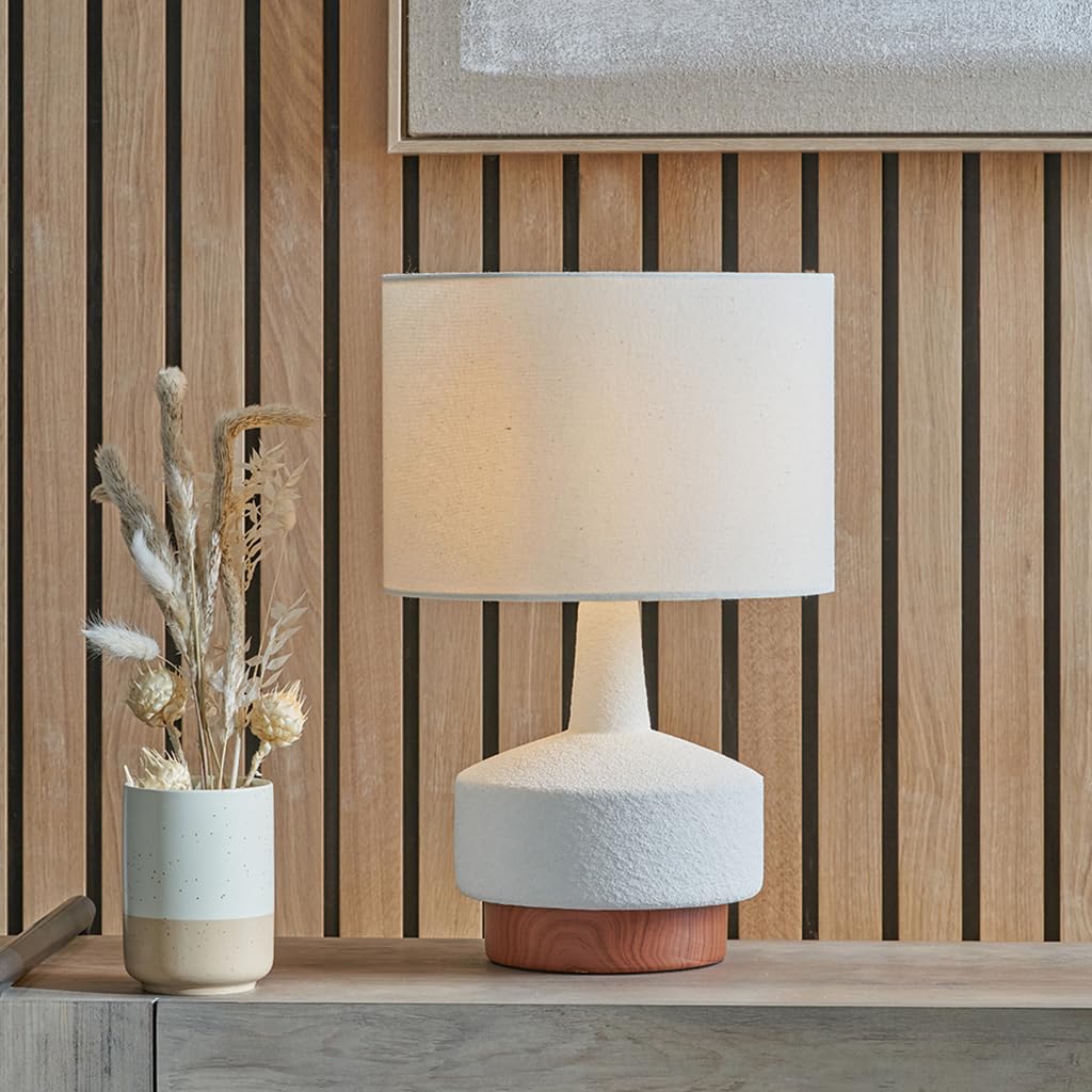 Pacific Lifestyle Small White Ceramic Table Lamp with Wood Effect Textured Base | Contemporary Grain Sanded Lamp and Shade | Coastal Bedside Table Lamps | Living Room Lamp Complete with Shade (White)