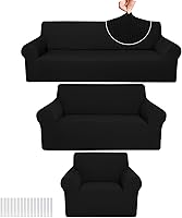 Vista 28 de Peryiter Juego de 3 fundas para sofá, cubiertas de muebles para sofá, loveseat, sofá, sillón, ajuste de forma elástico, sin arrugas, protector