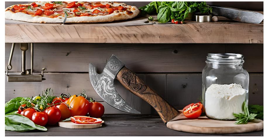 Novahaven"Handcrafted Viking Pizza Axe - Carbon Steel Blade with Dragon Engraving & Ash Wood Handle - Sharp, Durable, Unique Pizza Cutter with Artisan Design (Gold)