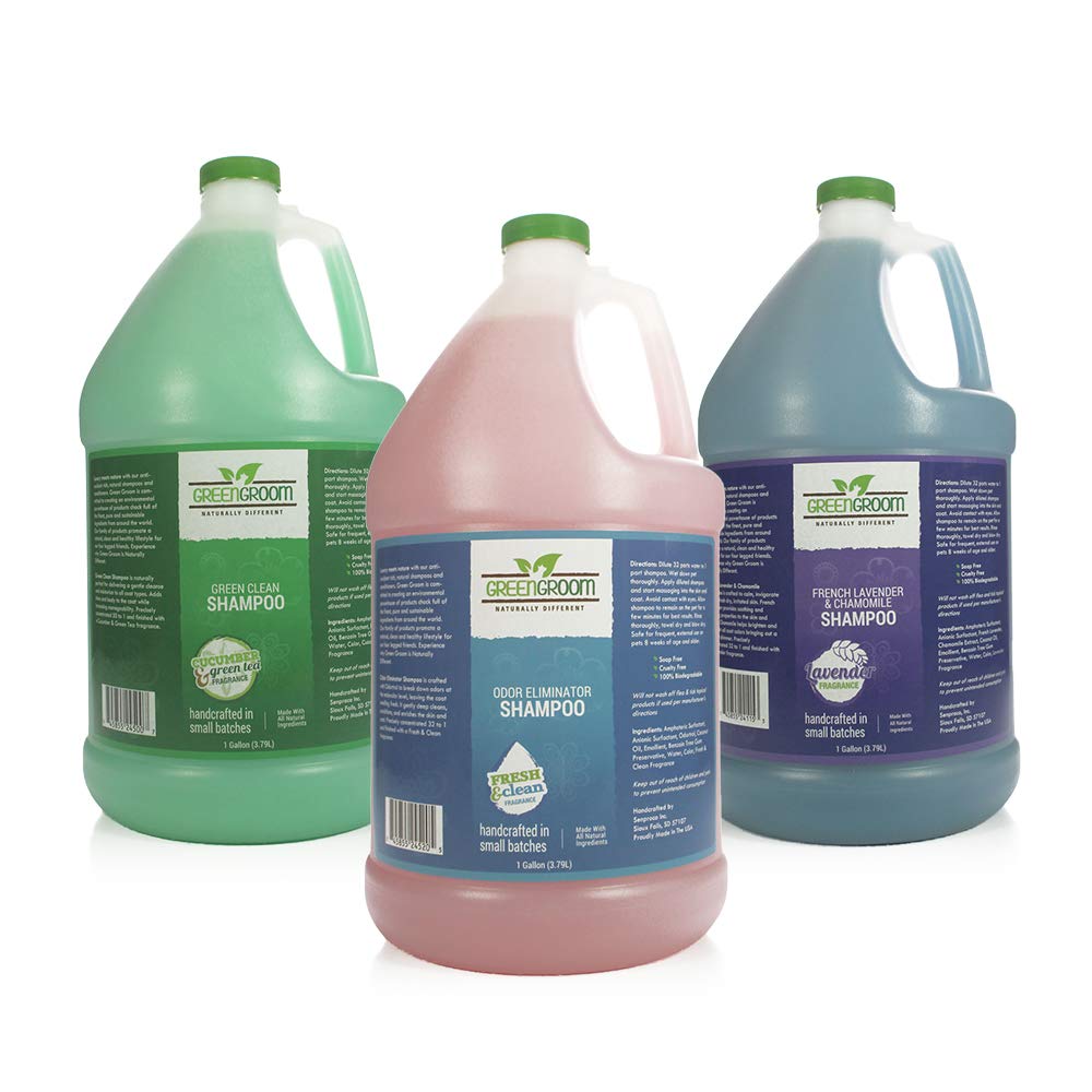 GreenGroomPremium All Natural Dog Shampoo Bundle | Odor Eliminator Shampoo, Green Clean Shampoo, and French Lavender and Chamomile Shampoo