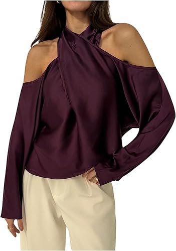 MakeMeChic Women's Satin Criss Cross Blouse Long Sleeve Cold Shoulder Tops Red V