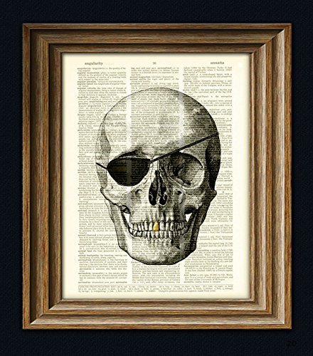 Skull With Eye Patch and Gold Tooth Over an Upcycled Dictionary Page Book Art Print Pirate Skull