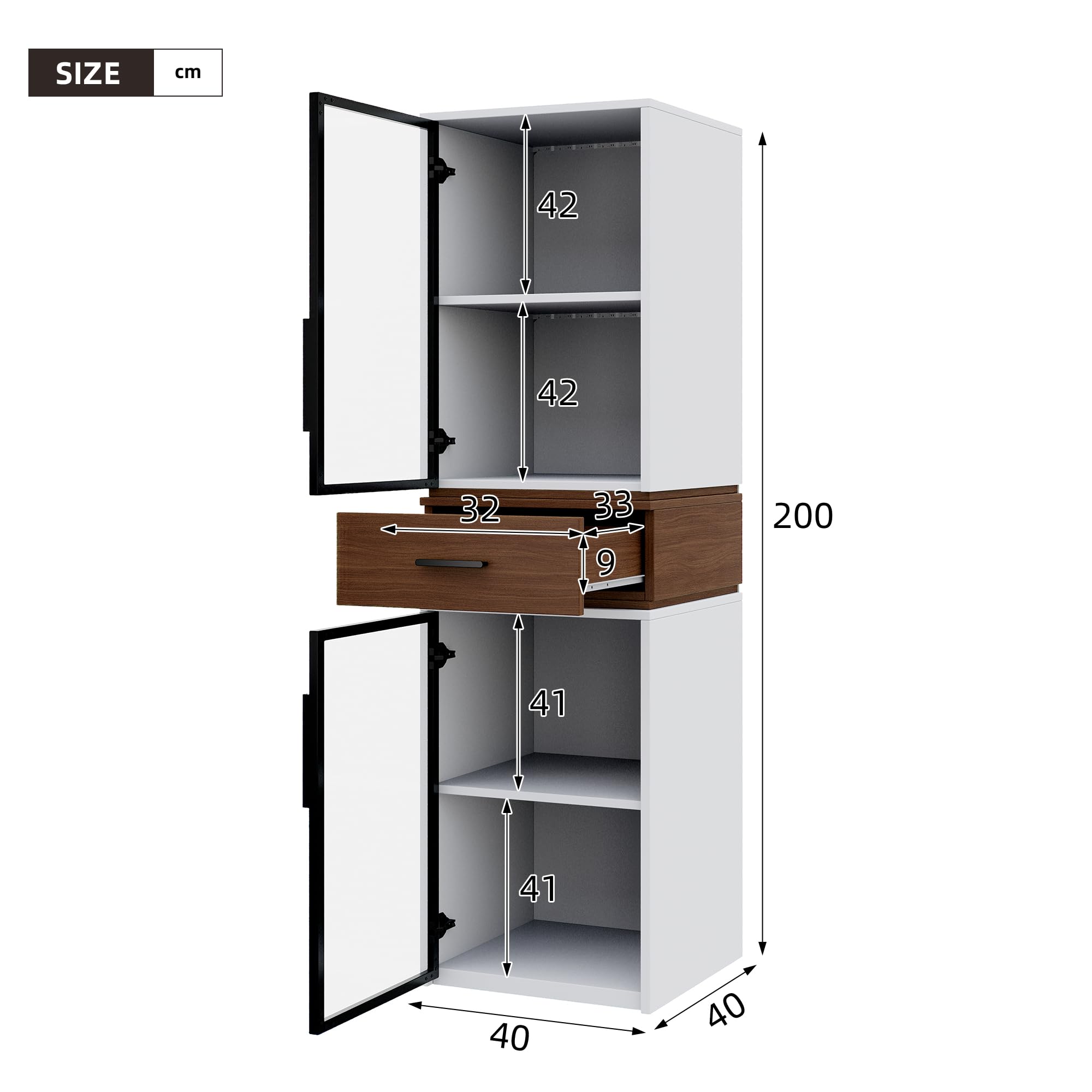 Vitrina Expositora de Cristal con Iluminación LED y 1 Cajón, Vitrina Salon con 2 Puertas de Cristal, Vitrinas Expositoras para Estudio Salón y Comedor, Muebles de Salon, 40x40x200 cm, Blanco