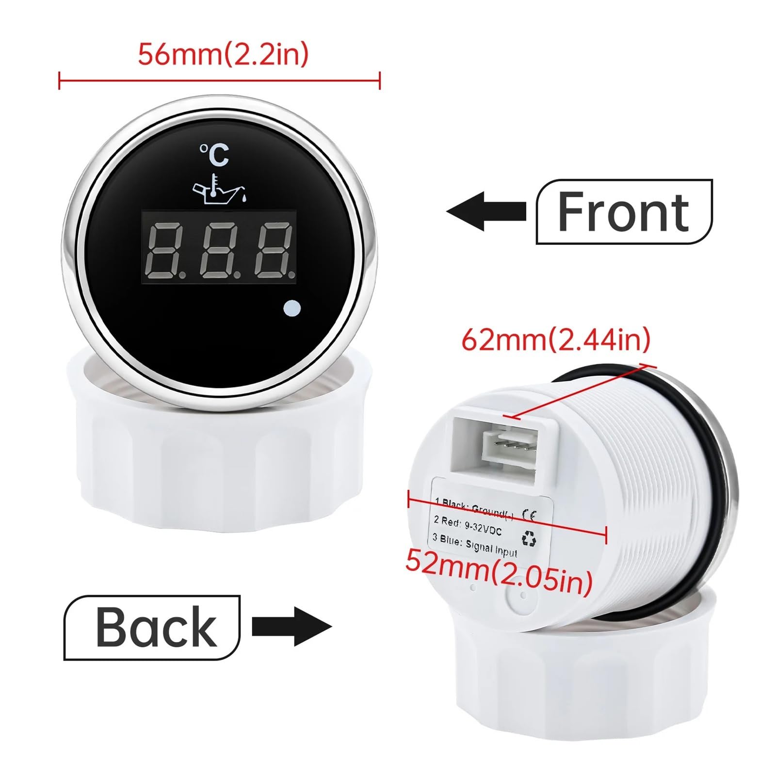 Wskaźnik temperatury oleju 52 mm z czerwonym światłem + czujnik z alarmem, cyfrowy miernik temperatury oleju 50~150 ℃ do łodzi samochodowej 12V24V Wysoka widoczność(BN M14X1.5)