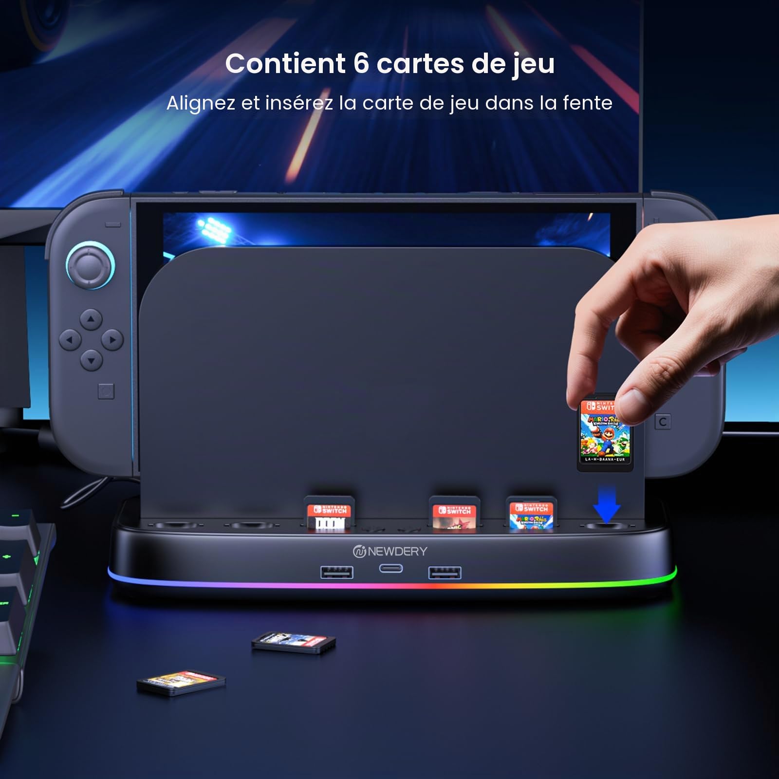 NEWDERY Ventilateur de refroidissement pour Nintendo Switch 2 Dock avec double ventilateur, 3 vitesses réglables, mode RVB, 6 emplacements pour cartes et 3 ports USB