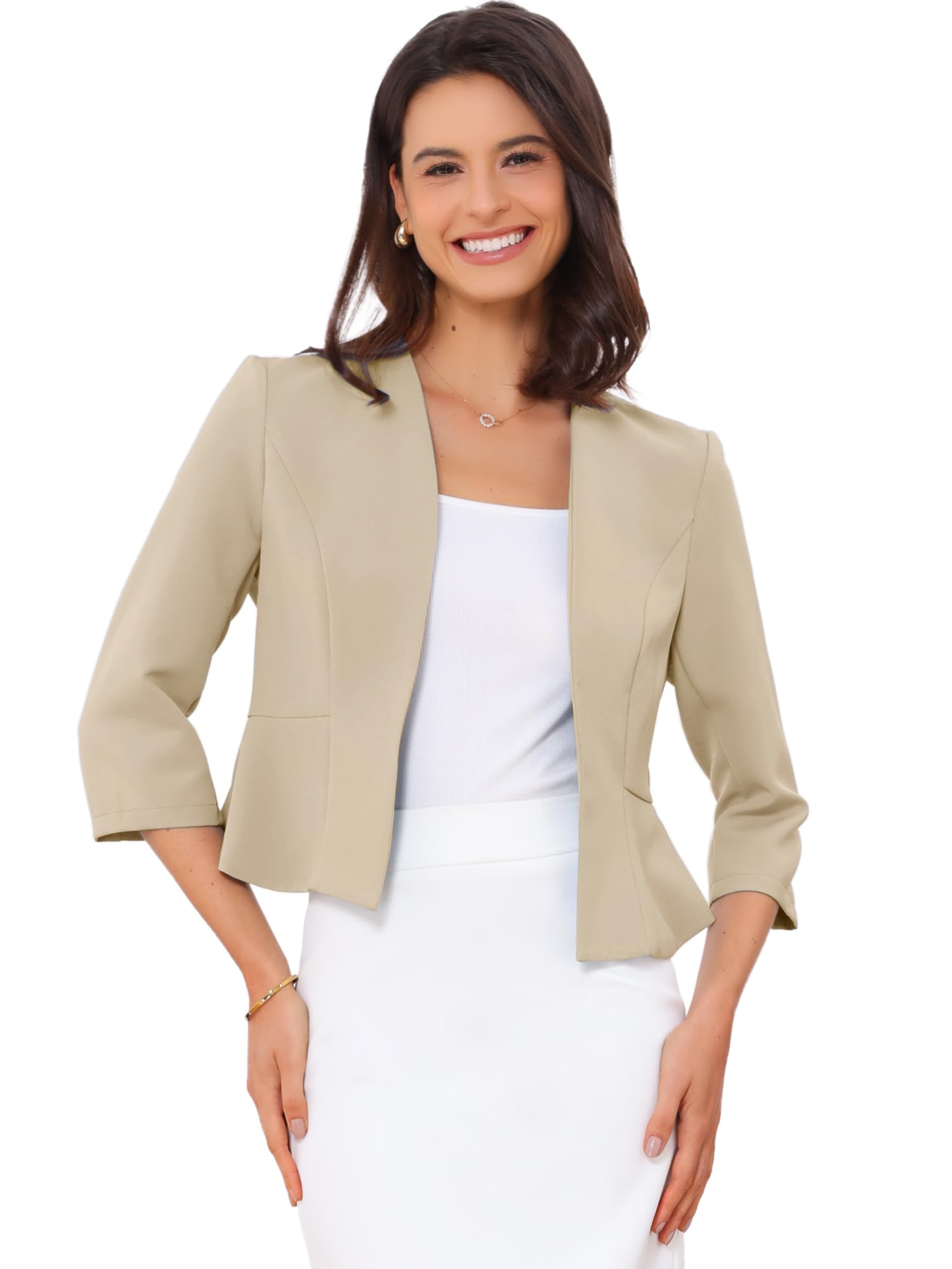 Allegra K Elegant Crop Blazer for Womens Open Front Collarless 3 4 Sleeve Peplum Business Suit Jacket
