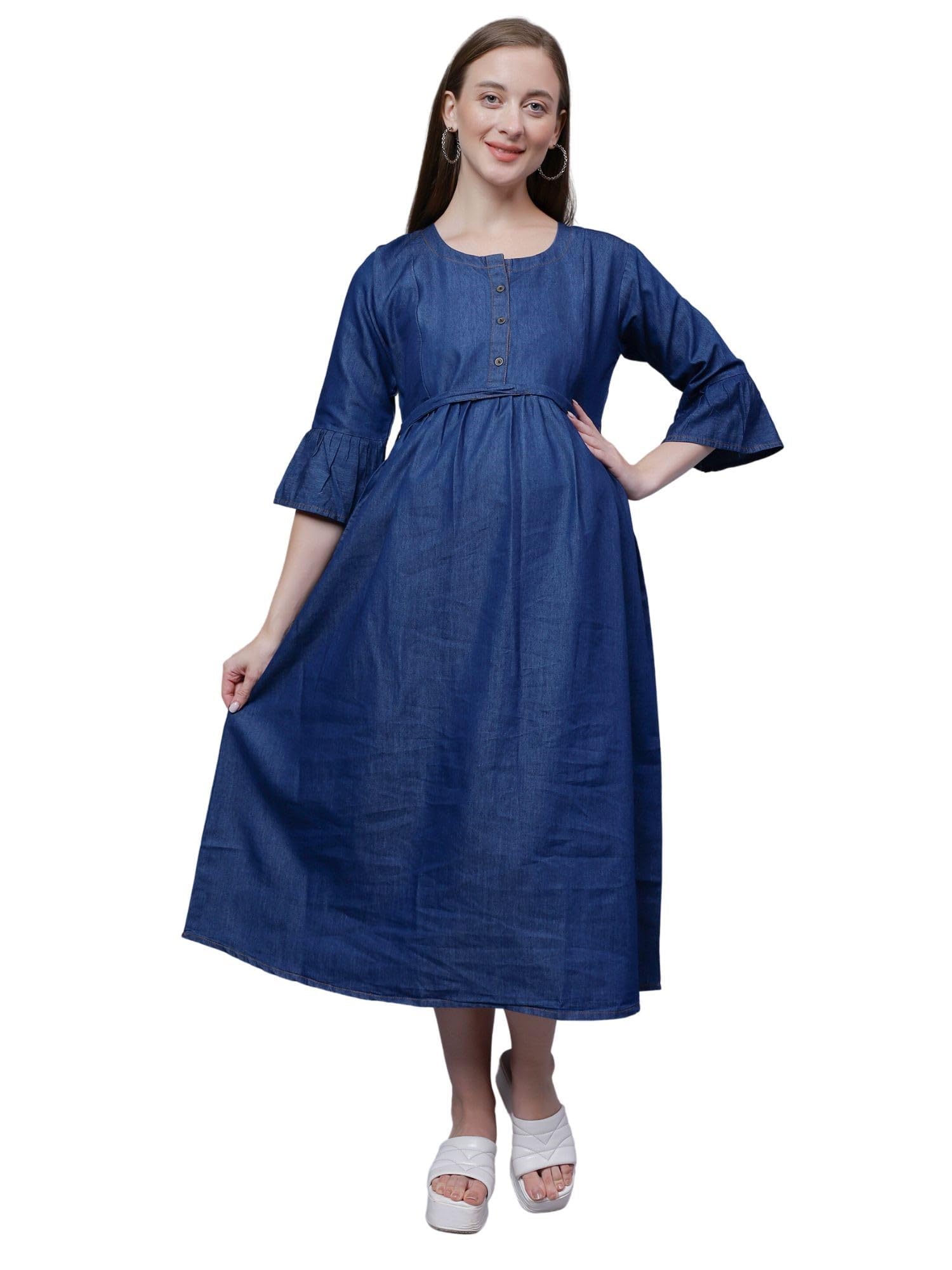 Women's Cotton Denim Round Neck Maternity Dress Feeding Kurti with Zipper (Denim-Round)-image-7