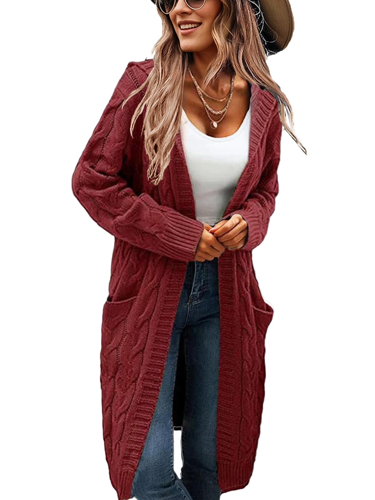 Women's Hooded Open Front Long Cardigan Cable Knit Sweaters Side Pocket Oversized Chunky Cardigan Outwear Coat