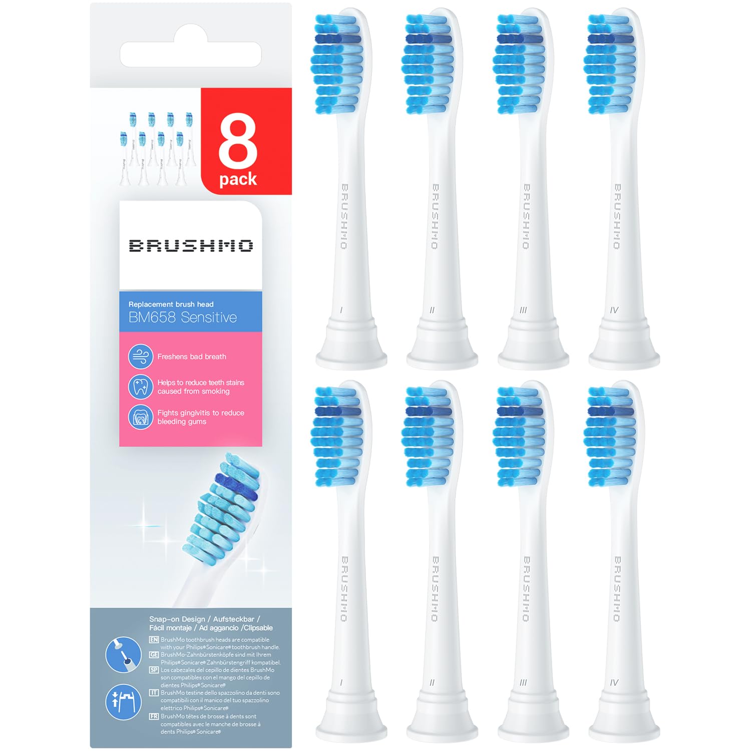 BRUSHMO（ブラシモ） Brushmo Extra Soft Replacement Toothbrush Heads Compatible for Philips Sonicare S Sensitive Teeth Brush HX6053 HX6064 Ultra-Soft Bristles Gentle Cleaning for Gums Care Health, BM658, 8pk