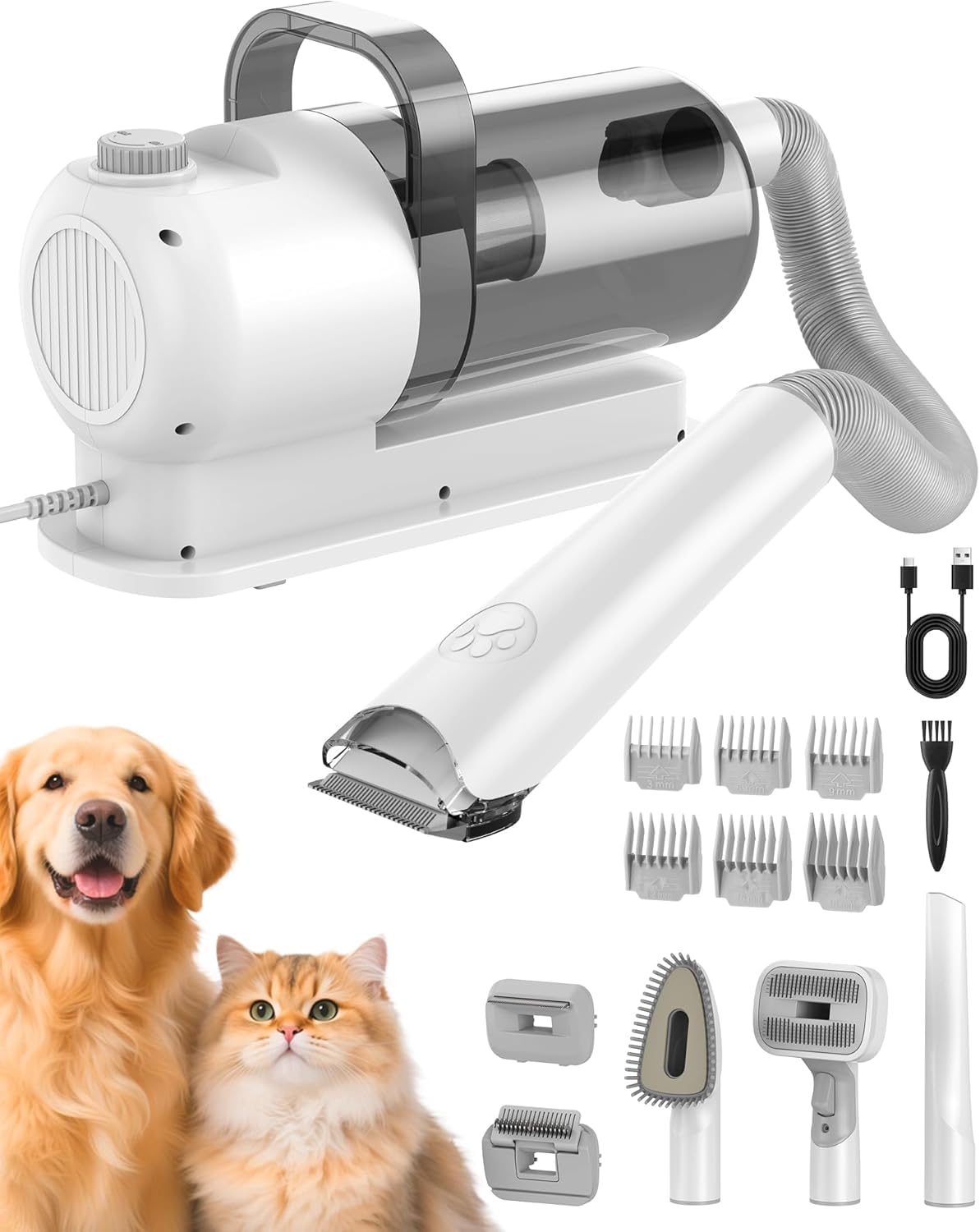 Aspiratore Tosatrice per Cani, 7 Strumenti, Silenzioso 1.5L (Bianco) | 7 Strumenti di Toelettatura, Contenitore 1.5L, ultra Silenziosa, per Pelo lungo e Spesso, Adatto per Animali Domestici