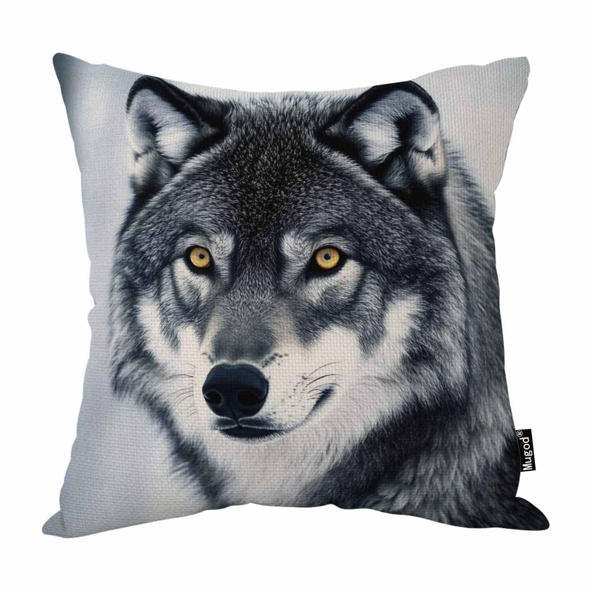 Mugod Grey Wolf Throw Pillow Case Winter Alpha Male Timber Wolf Face Portrait Gray Black Decorative Cotton Linen Square Cushion Covers Standard