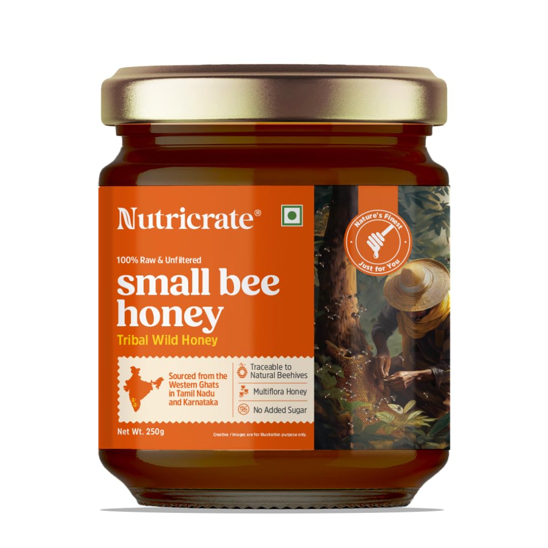 Nutricrate Small Bee Pure Organic Honey - 250g Glass Jar — Kombu/Stingless Bee Raw & Unprocessed Honey from the Jungles of Western Ghats — Unpasteurized, No Sugar Adulteration — Supports Digestion