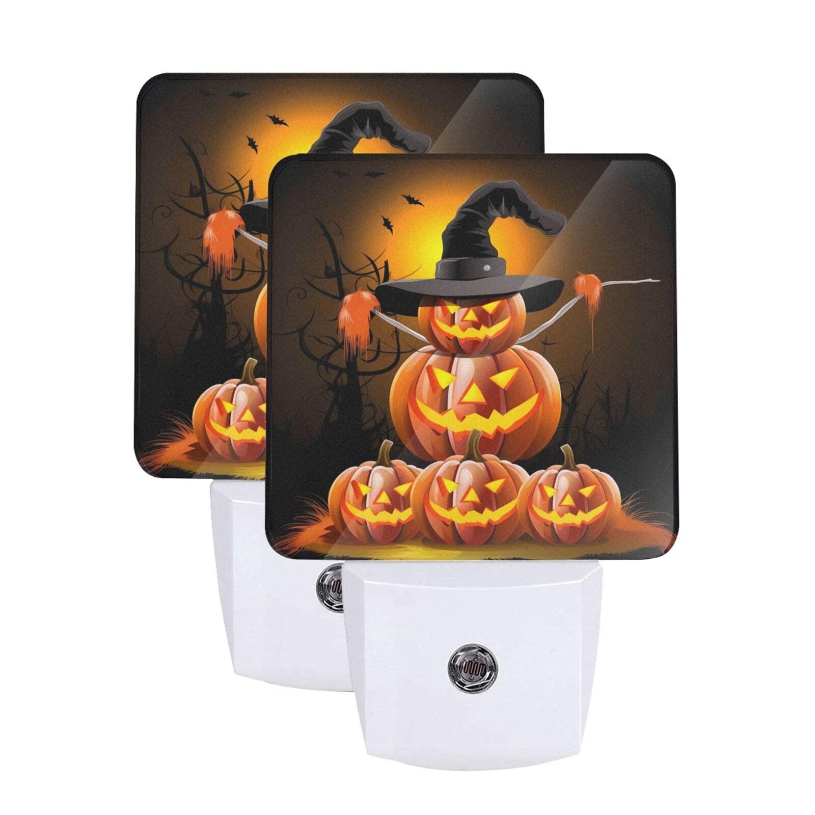 Funny Pumpkins Night Light Set of 2, Halloween Night Auto Sensor LED Dusk-to-Dawn Nightlights, Plug-in Sensor Lamp for Bedroom Bathroom Kitchen Hallway Stairs Decorative