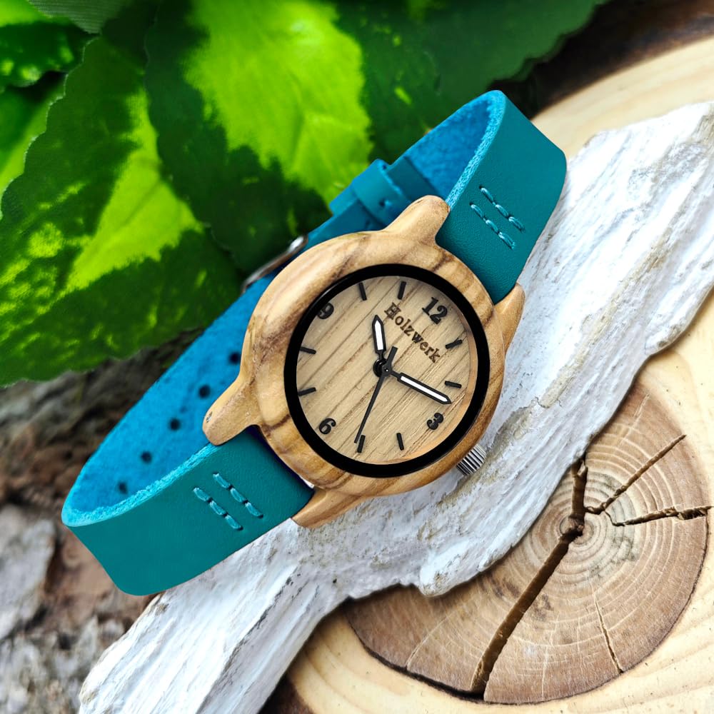 Holzwerk Germany Handgefertigte Kleine Öko Damen-Uhr Öko Natur Holz-Uhr Leder Armband-Uhr Analog Klassisch Quarz-Uhr in Schwarz Braun Rot Blau Türkis