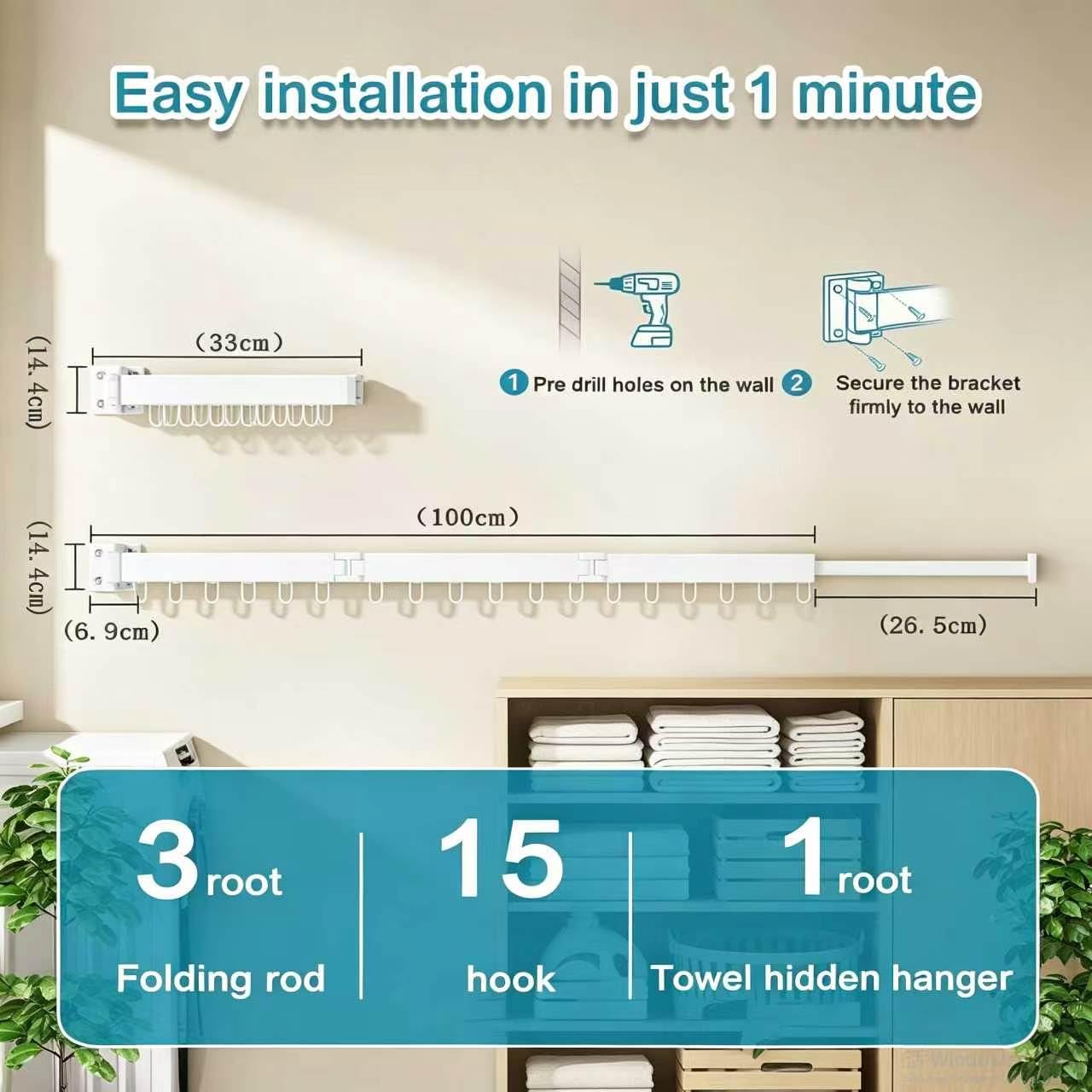 Ausziehbarer, Faltbarer Wandwäscheständer (128 cm), platzsparende Wandmontage, ideal für Balkone, Badezimmer und Waschküchen Weiß (Weiß)