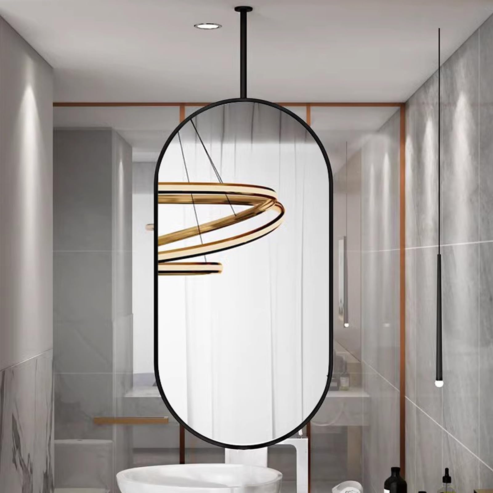 BKSXSOP Modern Oval Ceiling Hanging Mirror with Metal Frame | Decorative Floating Makeup & Shaving for Bathroom, Living Room Entrance (Black, 40cm x 70cm)