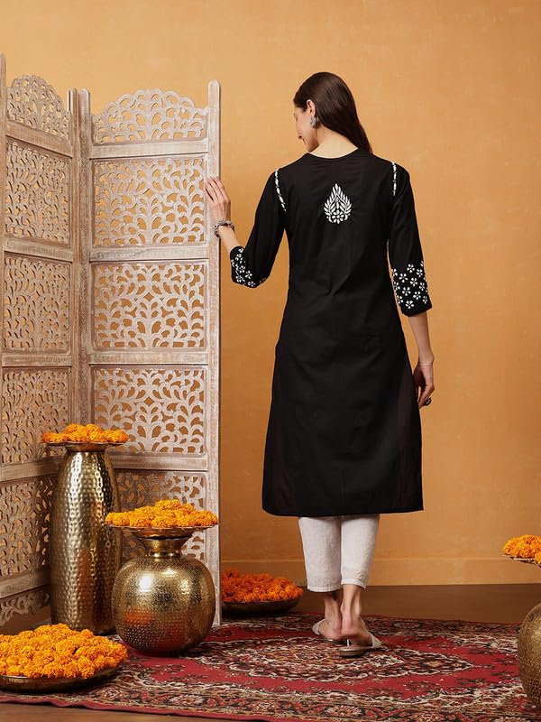 Image of Ada Hand Embroidered Lucknow Chikankari Straight Cotton Kurta Kurti Tunic for Women A411475 White
