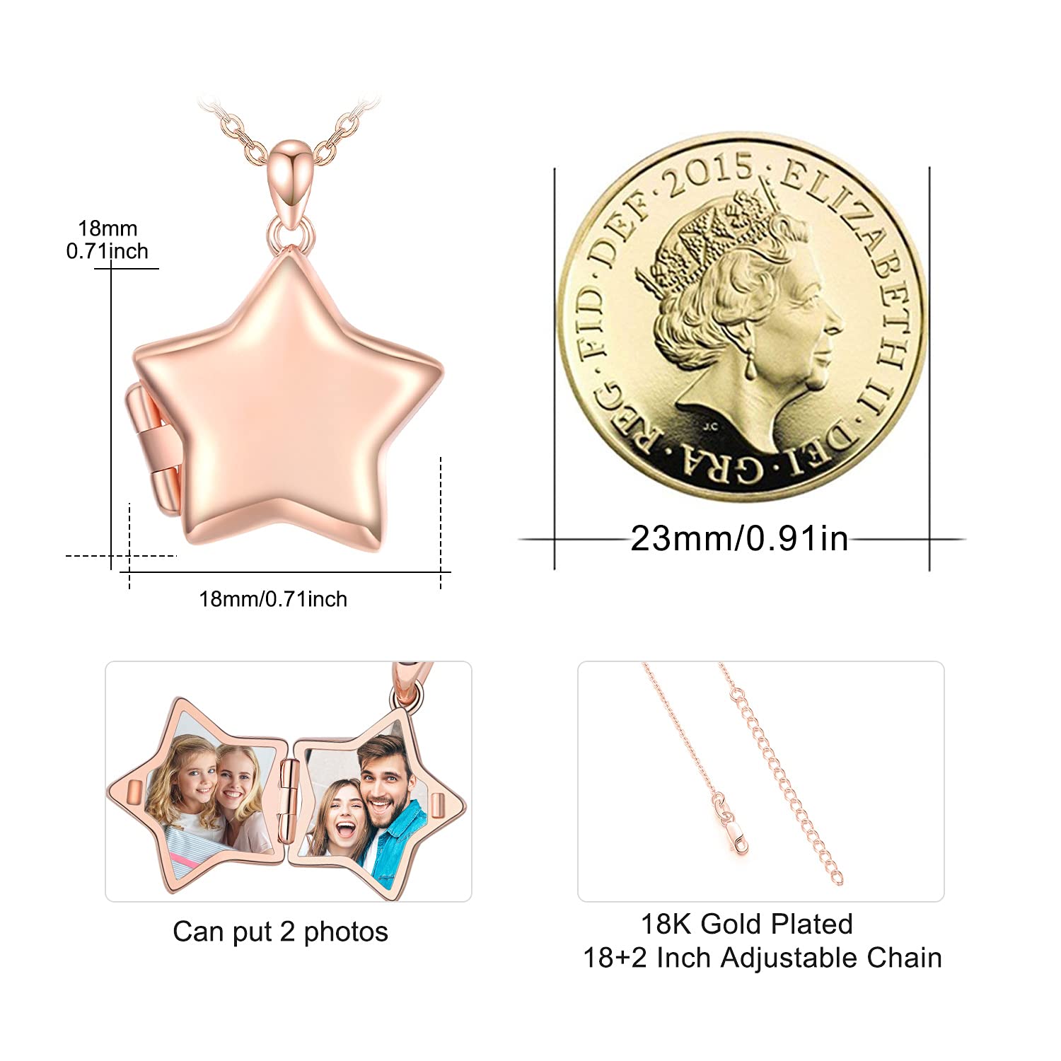 OHAYOO Medaglione apribile per immagini, in argento Sterling 925, a forma di stella, con immagine a forma di stella, ciondolo con foto, amuleto da aprire, per donne, ragazze e bambini