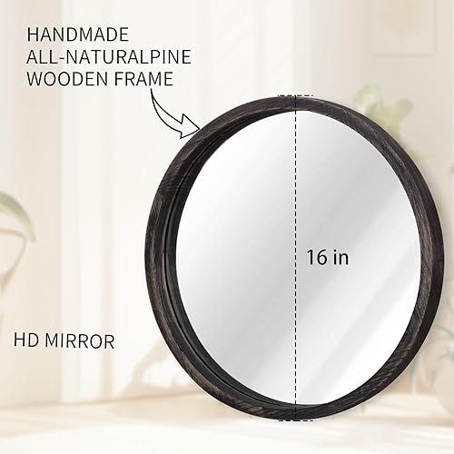 Miniatura 7 de Espejo redondo de pared de 16 pulgadas, espejo circular colgante redondo negro para el baño, espejo de marco de madera para dormitorio, sala de
