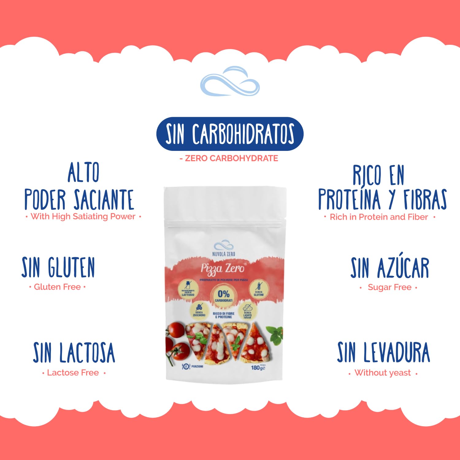 Nuvola Zero - Preparado para Pizza Proteica en Polvo, 540g x 6 Keto Pizzas, Sin carbohidratos, Sin levadura, Sin gluten, Sin lactosa, Sin azúcares, Made in Italy